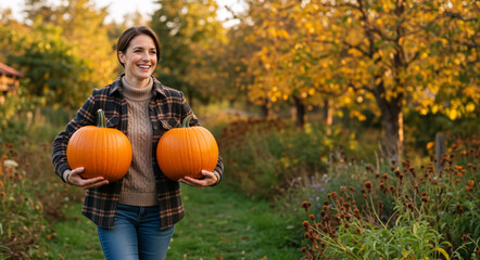 Smiling woman carrying two fresh pumpkins in an autumn orchard. Happy female enjoying the fall harvest at a farm with copy space