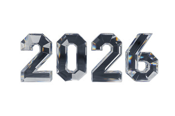 3 D rendered crystal numbers 2026 on black glass transparent