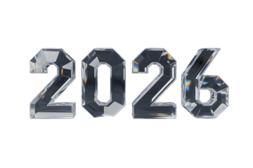 3 D rendered crystal numbers 2026 on black glass transparent