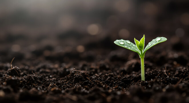 A young green pumpkin sprout with water drops growing from fertile soil. Concept of new life, growth, and beginnings in spring with copy space - Powered by Adobe