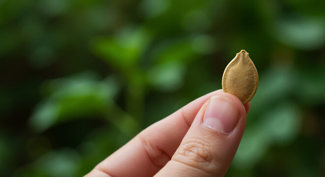 A close-up of a hand holding a single pumpkin seed against a blurred green background. Concept of gardening, planting, and agriculture - Powered by Adobe