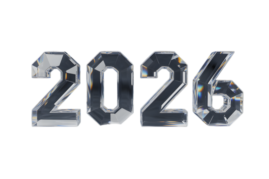 3 D rendered crystal numbers 2026 on black glass transparent