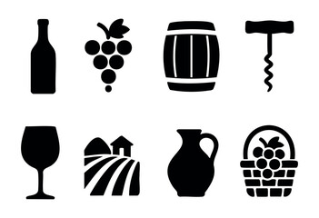 Collection of black icons illustrating essential aspects of wine production, including grapes, barrels, glasses, and farming, highlighting the art of winemaking and enjoyment.