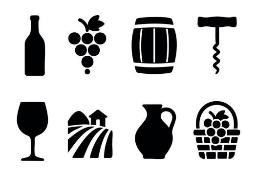 Collection of black icons illustrating essential aspects of wine production, including grapes, barrels, glasses, and farming, highlighting the art of winemaking and enjoyment.