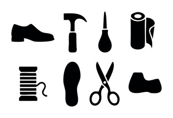 A collection of shoemaking tools and materials features silhouettes of shoes, a hammer, scissors, and thread. This design highlights the essential items for crafting footwear.