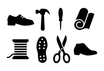 Various silhouettes showcasing essential tools and materials for shoe-making, including shoes, a hammer, scissors, and a spool of thread. The design captures craftsmanship elements.