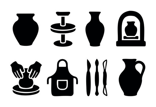 Various silhouettes depict pottery making tools and techniques, including a potter's wheel, a hands-on crafting process, and storage vessels in a workshop environment.