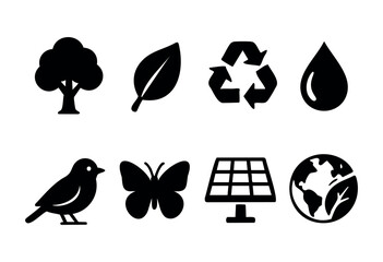 Various icons illustrate important environmental themes including trees, leaves, water conservation, recycling, and renewable energy sources like solar power and wildlife.