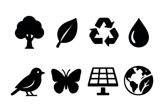 Various icons illustrate important environmental themes including trees, leaves, water conservation, recycling, and renewable energy sources like solar power and wildlife.