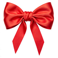 Vibrant red satin bow with textured ribbons on white background