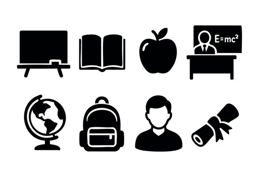 Various symbols of education are displayed, including a blackboard, books, an apple, a globe, and a backpack, portraying a classroom scene focused on learning and student life.