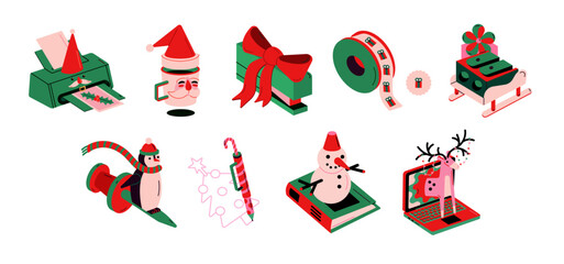 Isometric Christmas office vector set. Christmas vector illustration. Office collections. Santa, printer, pen, folder, mug, push pin, tape, clip, sharpener, deer, laptop, penguin, stapler