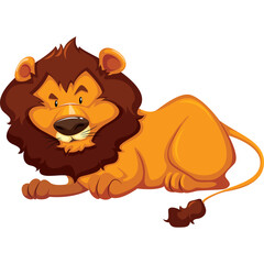 Obraz premium Stylized cartoon lion with brown mane and tail lying down on a transparent background with a fierce expression