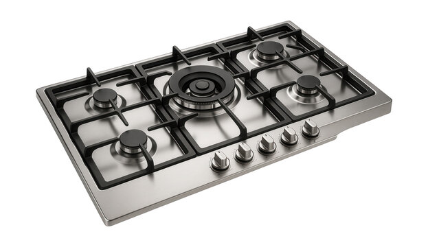 A five-burner gas cooktop with a central wok burner for versatile suburban kitchen cooking.