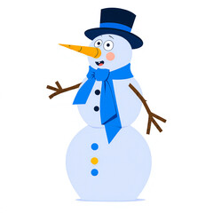 Happy snowman wearing a blue hat and scarf with carrot nose