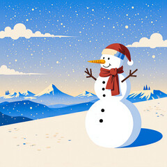 Happy snowman wearing santa hat and scarf in winter landscape