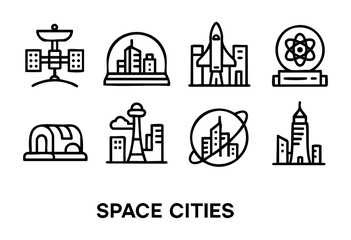 Fototapeta premium Creative illustrations showcase various futuristic space city designs with elements like rockets, satellites, and domes representing life beyond Earth. Each drawing captures imagination and innovation