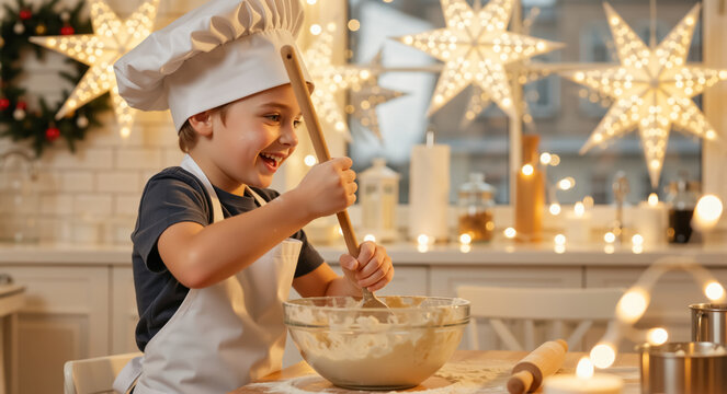Happy little boy in chef hat and apron cooking in a Christmas decorated kitchen. Kid mixing batter for holiday cookies - Powered by Adobe