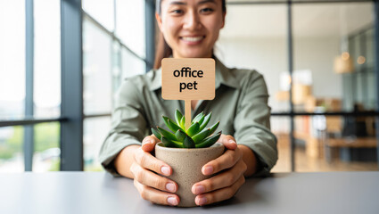 Succulent in pot with label "office pet" held by smiling woman in bright modern office for interior decoration. office plant pet, healthy work environment, stress reduction
