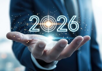 Person holding glowing target with the year twenty twenty six in hand