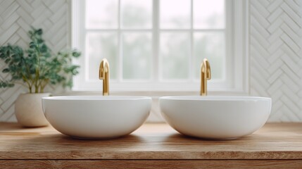 Two smooth, white ceramic sinks sit side by side on a warm wooden counter. Gold faucets gleam in the natural light as gentle greenery adds a touch of freshness to the tranquil bathroom atmosphere