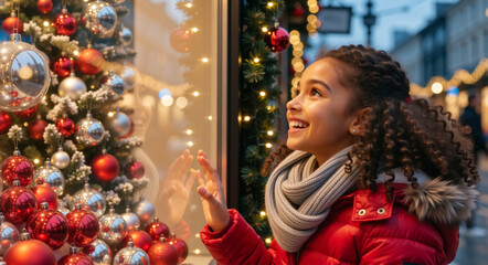Happy young girl looking at Christmas shop window display. Smiling child in red coat admiring holiday tree ornaments and reflection. Winter season shopping and wonder concept