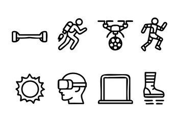 This collection features various symbols representing fitness, technology, and outdoor activities, highlighting modern trends like virtual reality and drone sports.