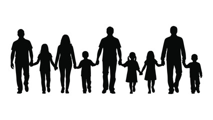 Family silhouettes walking together isolated on white background, Vector