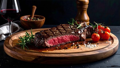Auf einem hölzernen Schneidebrett liegt ein saftiges Steak mit gerösteten Kirschtomaten und verschiedenen Kräutern, Pfeffer.