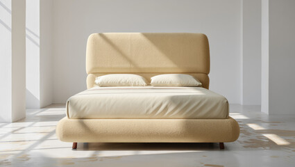 Contemporary upholstered bed, minimalist bedroom design, modern interior, natural lighting, home decor inspiration, architectural showcase. boucle bed frame, boucle bedroom style
