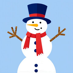 Friendly snowman wearing a blue hat and red scarf on a light blue background