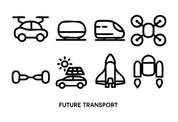 Various design concepts illustrate futuristic transport solutions such as flying cars, solar-powered vehicles, high-speed trains, and rockets set against a simple backdrop.