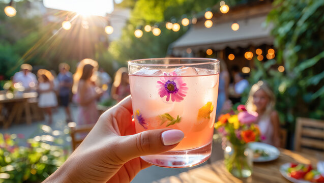 Festive summer garden party with floral cocktail and warm evening ambiance, perfect for lifestyle and event promotion showcasing relaxed outdoor gatherings and refreshing beverages