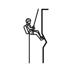 Outline icon of a climber rappelling down a cliff face, depicting outdoor extreme sport and adventure activity for design.
