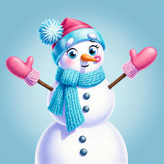 Cute cartoon snowman wearing a pink hat and blue scarf with pink mittens