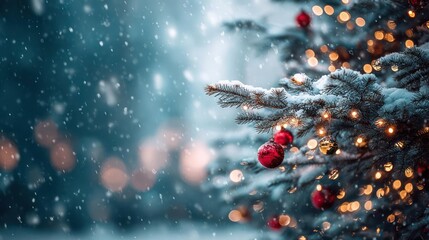 Close up of a snow covered christmas tree with red ornaments and warm glowing lights during a gentle snowfall