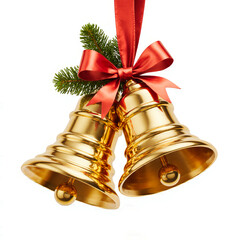 Golden christmas bells with red ribbon and pine sprig