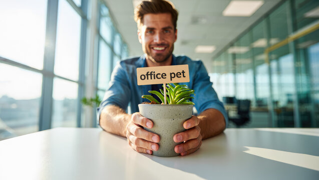 Office worker holding plant with "office pet" sign in modern workspace in a bright setting, office greenery and workplace wellness. office plant pet, healthy work environment, stress reduce