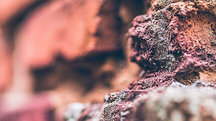 patina. Close-up of weathered red brick wall, warm tones and natural texture evoking rustic charm and history. real-estate listings.