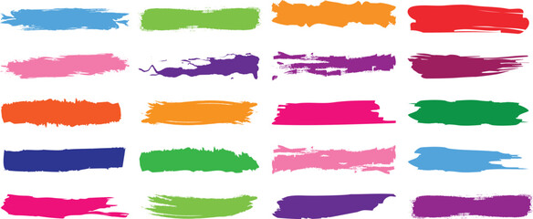 Colorful brush streaks pack marker ink strokes grunge. Collection of vector paint bold brush strokes, hand drawn thick grunge lines and rectangle shapes modern grunge. Ink brush stroke set.
