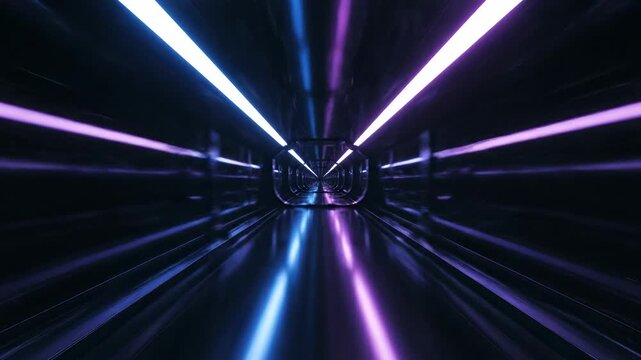 A futuristic tunnel with bright neon lights and reflections leading to a vanishing point