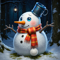 Friendly snowman wearing a scarf and bucket hat in a snowy forest