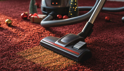 Tidying up for the festive season, with a vacuum cleaner deep cleaning a plush red carpet near Christmas gifts and ornaments
