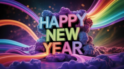 Festive happy new year letters with rainbow waves and bokeh glow