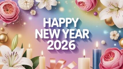 Happy new year 2026 celebration with festive flowers and candles