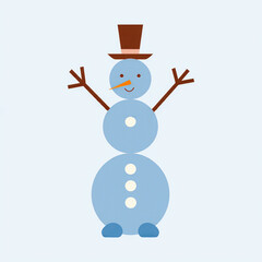 Cute blue snowman wearing a brown top hat and holding sticks