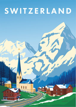 Switzerland travel retro poster, nature vintage banner, summer alps landscape, mountain austria village, flat vector illustration, scenic travel design, alpine adventure