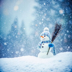 Charming snowman wearing scarf and hat in snowy forest