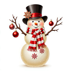 Cheerful snowman wearing a top hat and scarf with christmas ornaments
