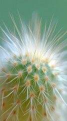 Obraz premium Macro shot of a cactus with fluffy white spines and orange tips against a blurred green background, showing organic texture for botany and nature concept.